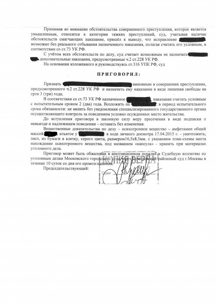 Решение суда по 228 статье УК РФ